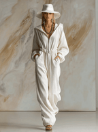 Casual Loose Fashionable White Corduroy Hooded Front Zipper Long Sleeve Jumpsuit - Eliza-Warszawa