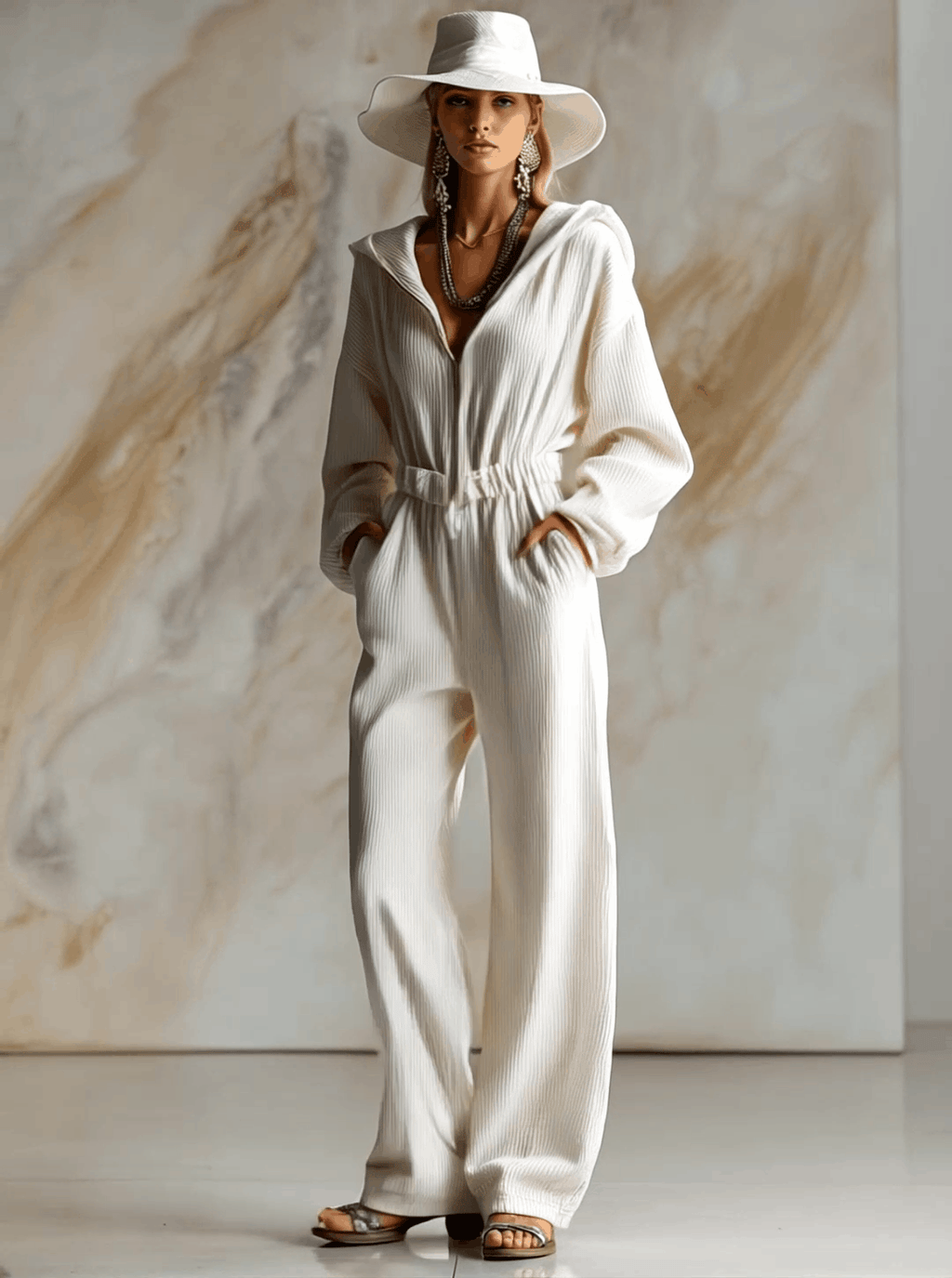Casual Loose Fashionable White Corduroy Hooded Front Zipper Long Sleeve Jumpsuit - Eliza-Warszawa