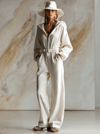 Casual Loose Fashionable White Corduroy Hooded Front Zipper Long Sleeve Jumpsuit - Eliza-Warszawa