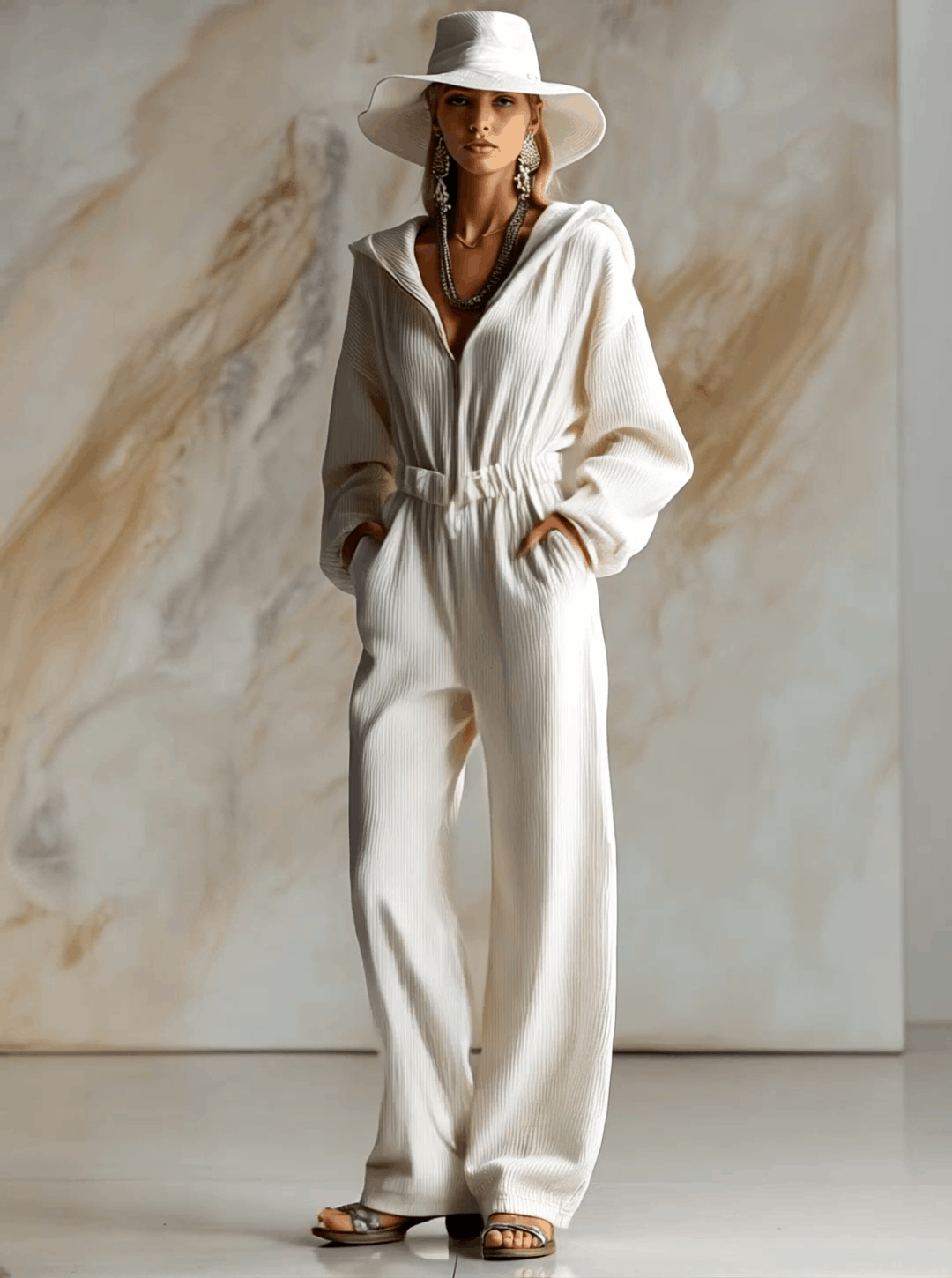 Casual Loose Fashionable White Corduroy Hooded Front Zipper Long Sleeve Jumpsuit - Eliza-Warszawa