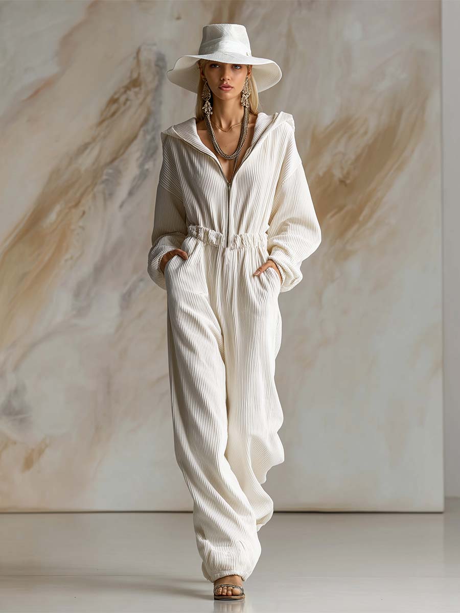 Casual Loose Fashionable White Corduroy Hooded Front Zipper Long Sleeve Jumpsuit - Eliza-Warszawa