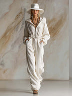 Casual Loose Fashionable White Corduroy Hooded Front Zipper Long Sleeve Jumpsuit - Eliza-Warszawa