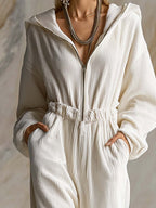 Casual Loose Fashionable White Corduroy Hooded Front Zipper Long Sleeve Jumpsuit - Eliza-Warszawa