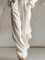 Casual Loose Fashionable White Corduroy Hooded Front Zipper Long Sleeve Jumpsuit - Eliza-Warszawa