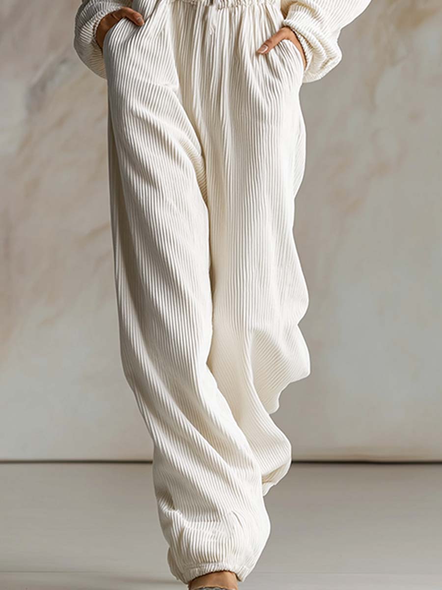 Casual Loose Fashionable White Corduroy Hooded Front Zipper Long Sleeve Jumpsuit - Eliza-Warszawa