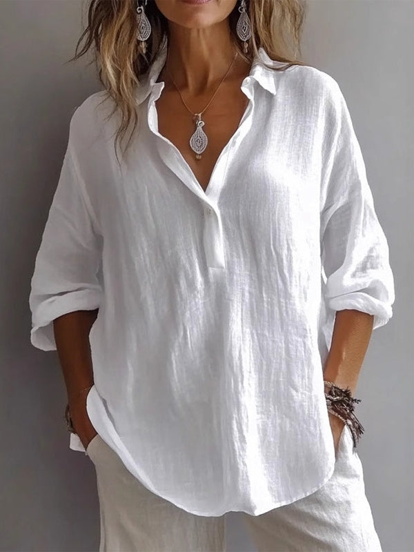 Casual Loose Long Sleeve Linen V-Neck Shirt - Eliza-Warszawa