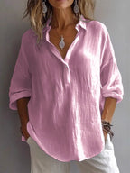 Casual Loose Long Sleeve Linen V-Neck Shirt - Eliza-Warszawa