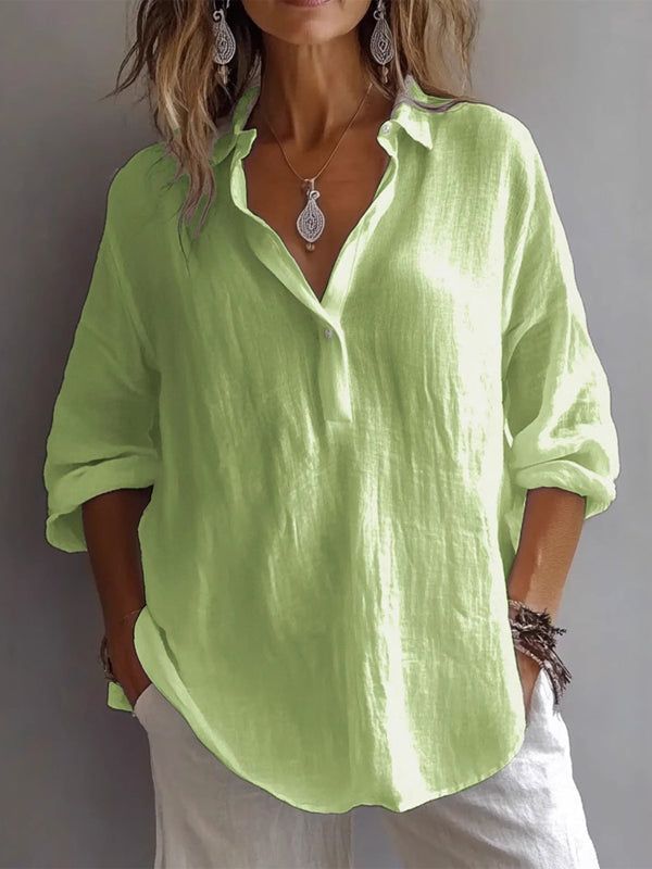 Casual Loose Long Sleeve Linen V-Neck Shirt - Eliza-Warszawa