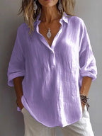 Casual Loose Long Sleeve Linen V-Neck Shirt - Eliza-Warszawa