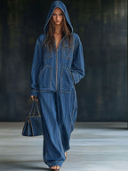 Casual Loose Retro Pocket Long Sleeve Hooded Zipper Denim Jumpsuit - Eliza-Warszawa