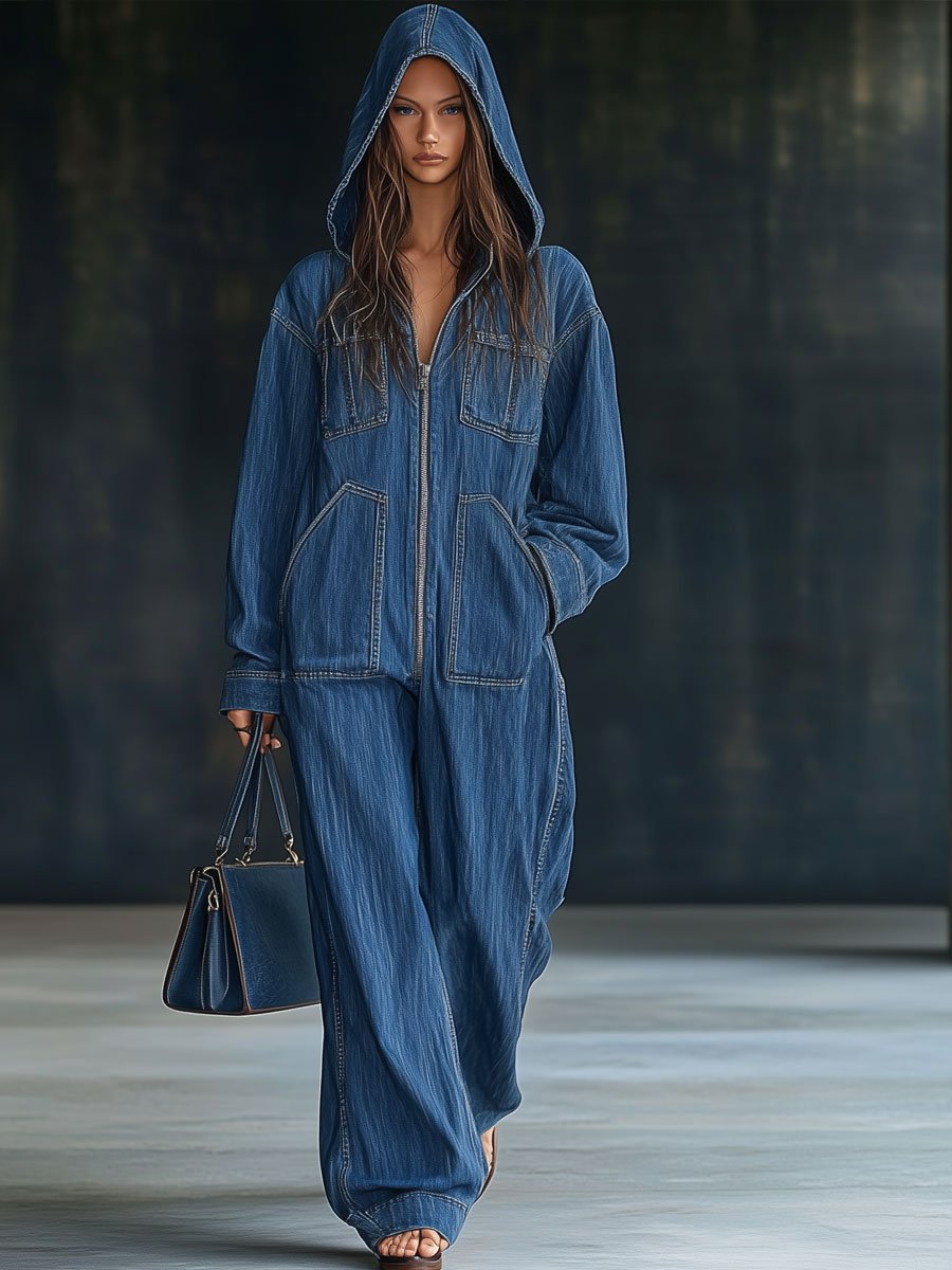 Casual Loose Retro Pocket Long Sleeve Hooded Zipper Denim Jumpsuit - Eliza-Warszawa