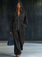 Casual Loose Retro Pocket Long Sleeve Hooded Zipper Denim Jumpsuit - Eliza-Warszawa