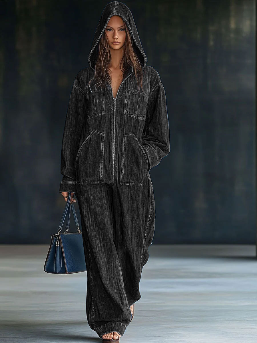 Casual Loose Retro Pocket Long Sleeve Hooded Zipper Denim Jumpsuit - Eliza-Warszawa