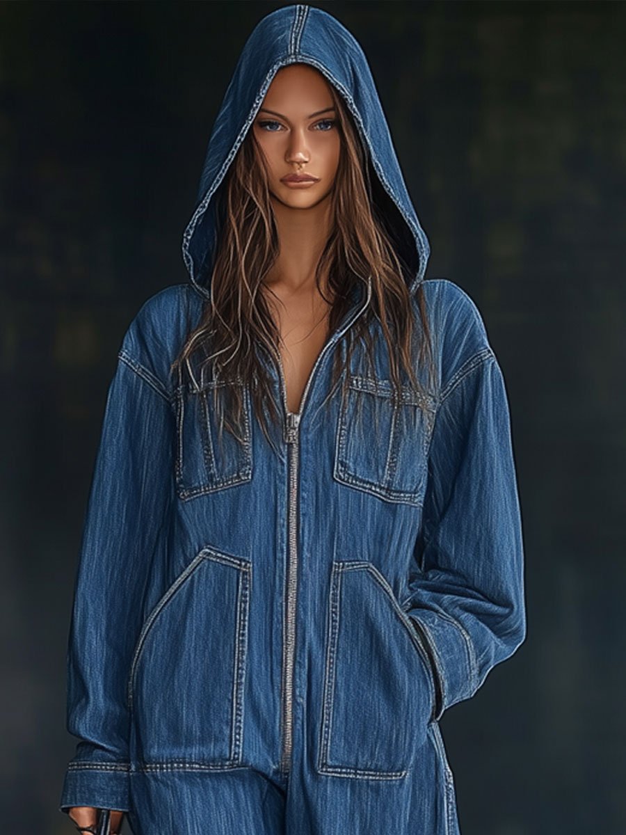 Casual Loose Retro Pocket Long Sleeve Hooded Zipper Denim Jumpsuit - Eliza-Warszawa
