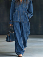 Casual Loose Retro Pocket Long Sleeve Hooded Zipper Denim Jumpsuit - Eliza-Warszawa