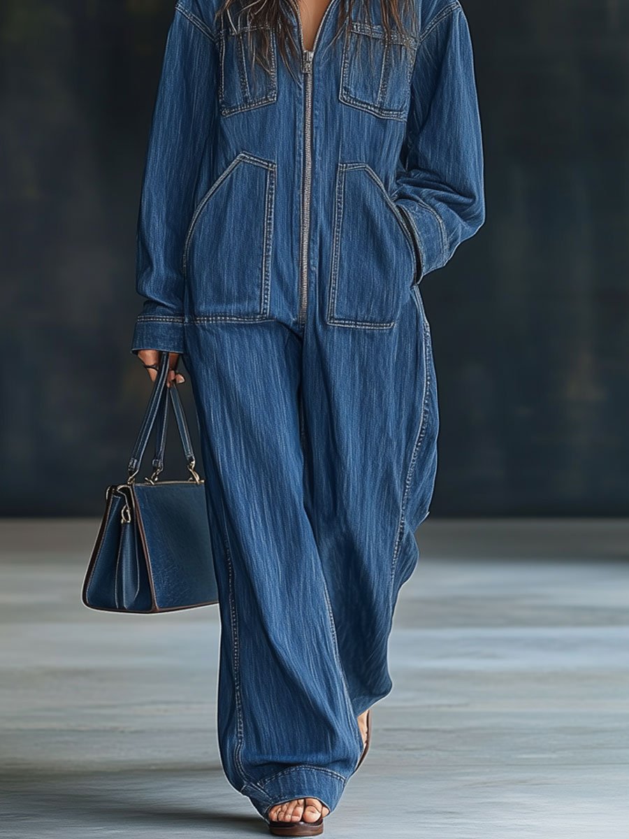Casual Loose Retro Pocket Long Sleeve Hooded Zipper Denim Jumpsuit - Eliza-Warszawa
