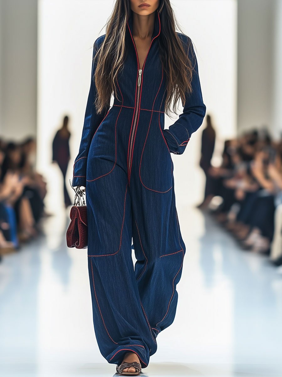 Casual Loose Retro Red Topstitched Denim Wide Leg Long Sleeve Jumpsuit - Eliza-Warszawa