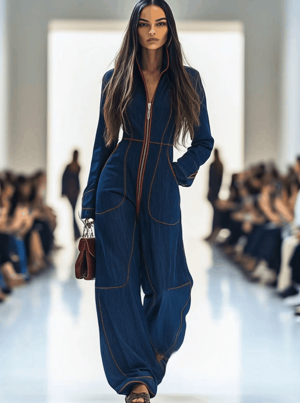 Casual Loose Retro Red Topstitched Denim Wide Leg Long Sleeve Jumpsuit - Eliza-Warszawa