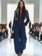 Casual Loose Retro Red Topstitched Denim Wide Leg Long Sleeve Jumpsuit - Eliza-Warszawa