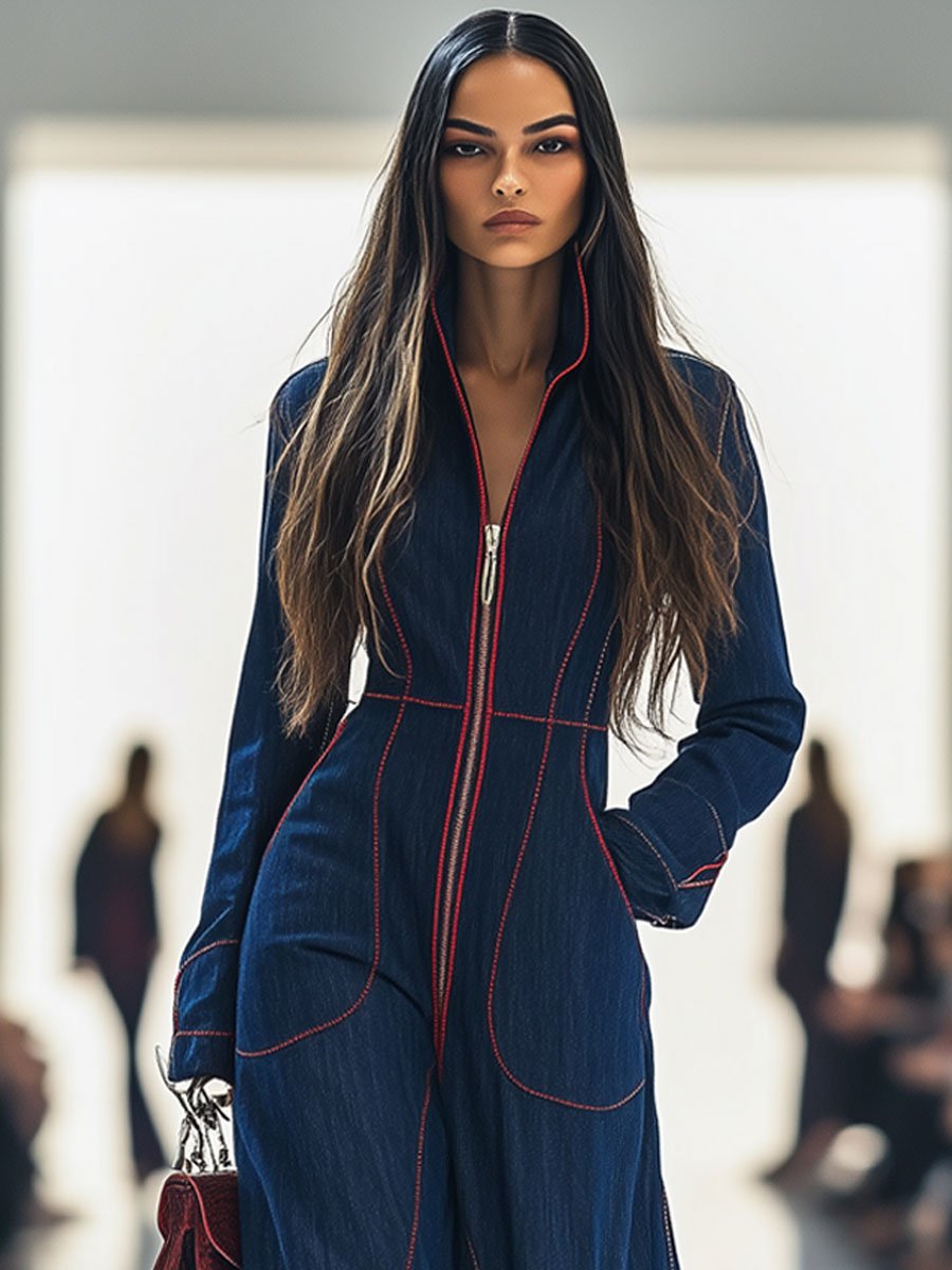 Casual Loose Retro Red Topstitched Denim Wide Leg Long Sleeve Jumpsuit - Eliza-Warszawa