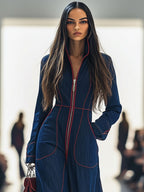 Casual Loose Retro Red Topstitched Denim Wide Leg Long Sleeve Jumpsuit - Eliza-Warszawa
