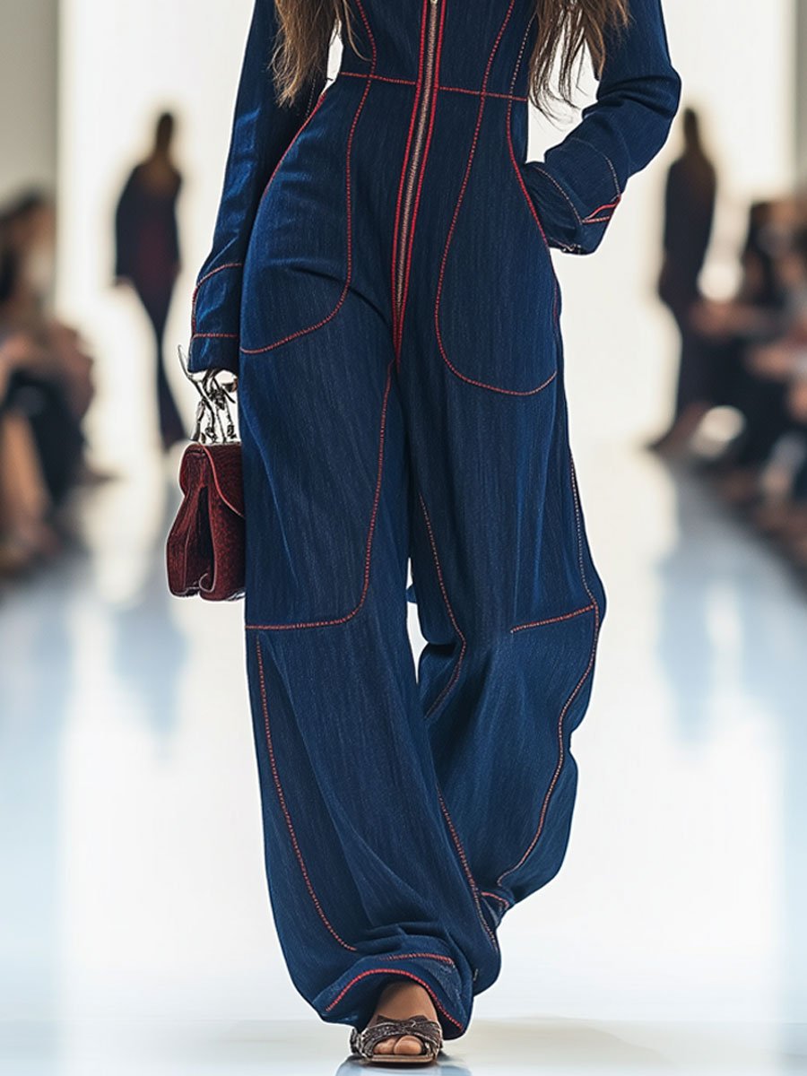 Casual Loose Retro Red Topstitched Denim Wide Leg Long Sleeve Jumpsuit - Eliza-Warszawa