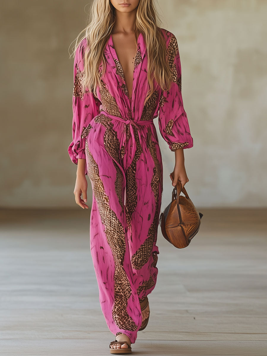 Casual Loose Rose Red Chiffon Leopard Print Long-Sleeved Jumpsuit - Eliza-Warszawa