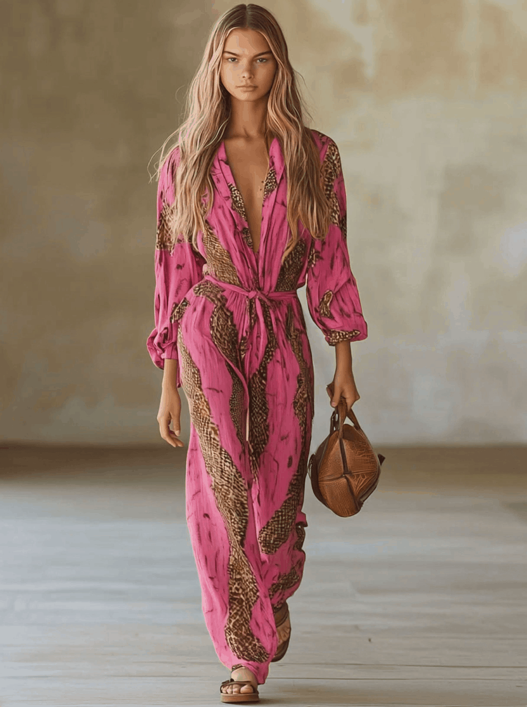 Casual Loose Rose Red Chiffon Leopard Print Long-Sleeved Jumpsuit - Eliza-Warszawa