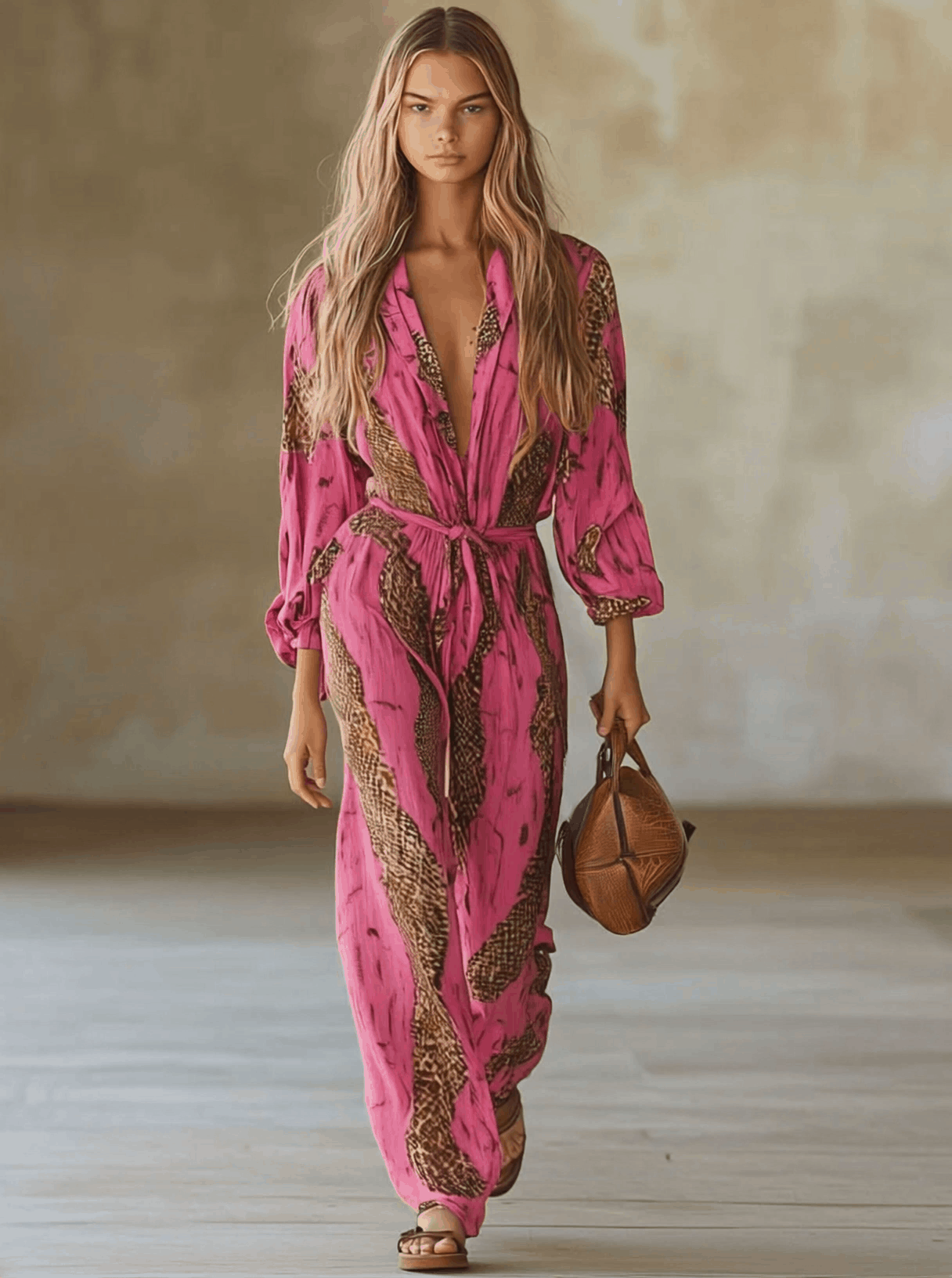Casual Loose Rose Red Chiffon Leopard Print Long-Sleeved Jumpsuit - Eliza-Warszawa