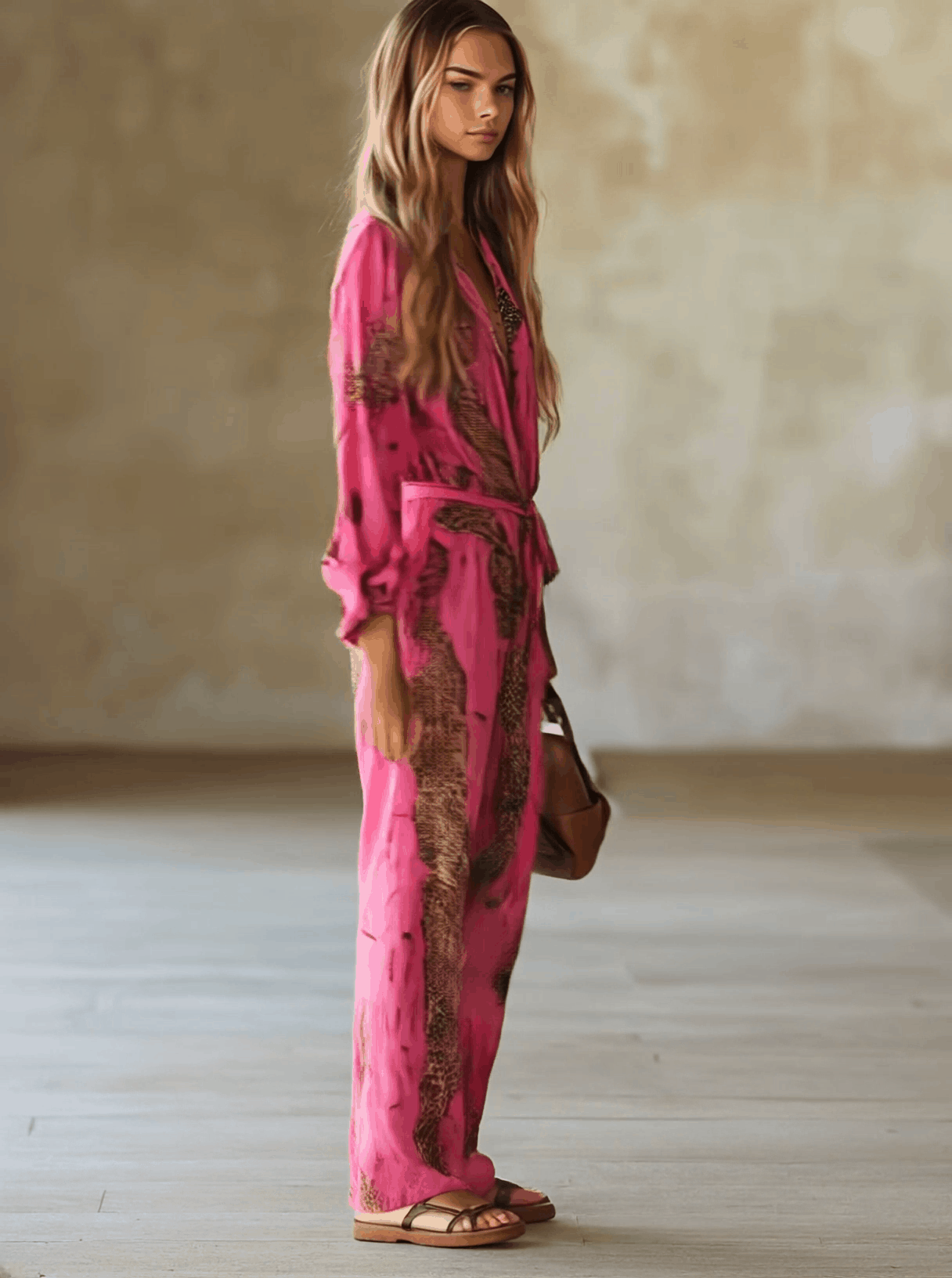 Casual Loose Rose Red Chiffon Leopard Print Long-Sleeved Jumpsuit - Eliza-Warszawa