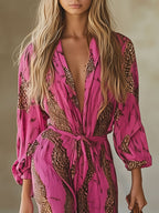 Casual Loose Rose Red Chiffon Leopard Print Long-Sleeved Jumpsuit - Eliza-Warszawa