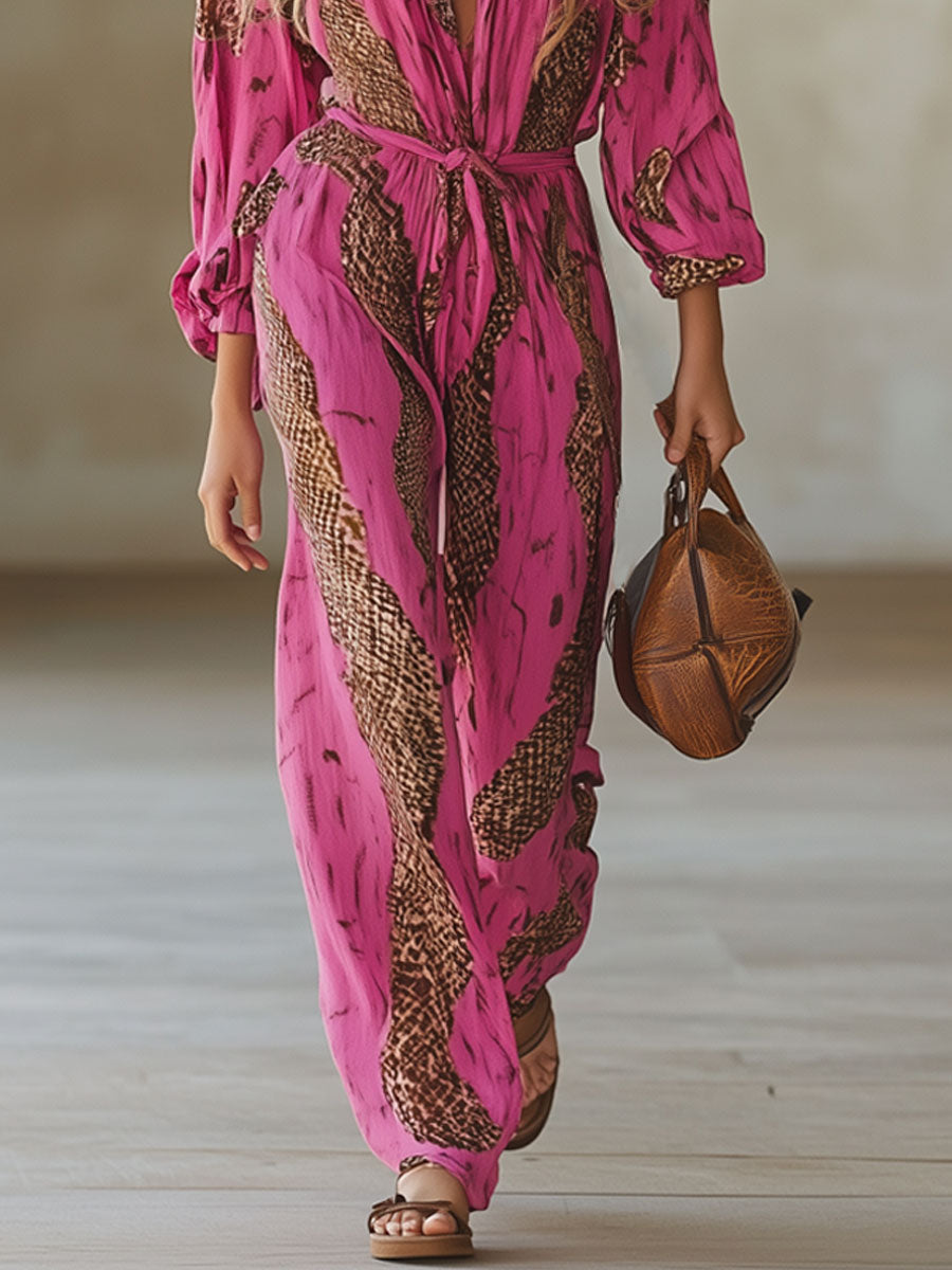 Casual Loose Rose Red Chiffon Leopard Print Long-Sleeved Jumpsuit - Eliza-Warszawa