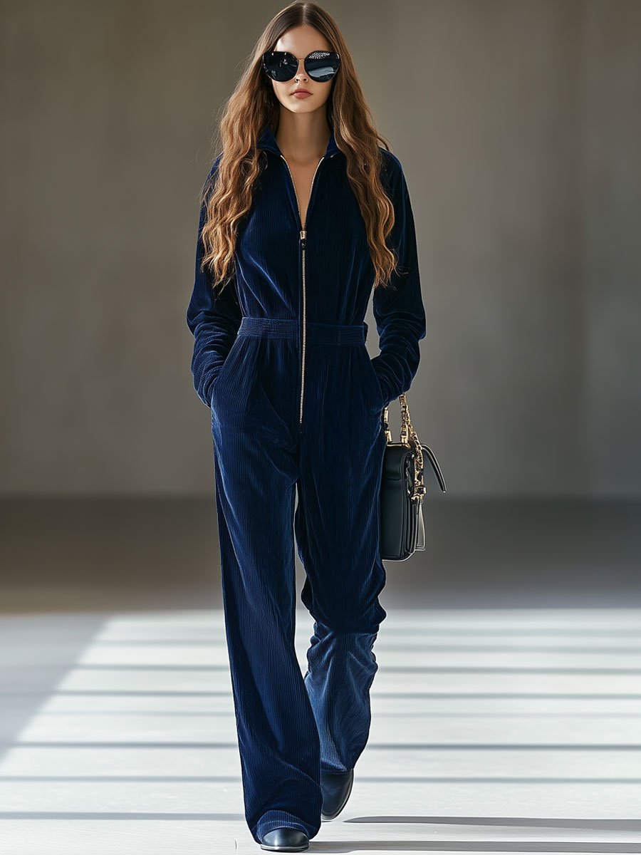 Casual Loose Vintage Corduroy Elastic Waist Zipper Jumpsuit - Eliza-Warszawa