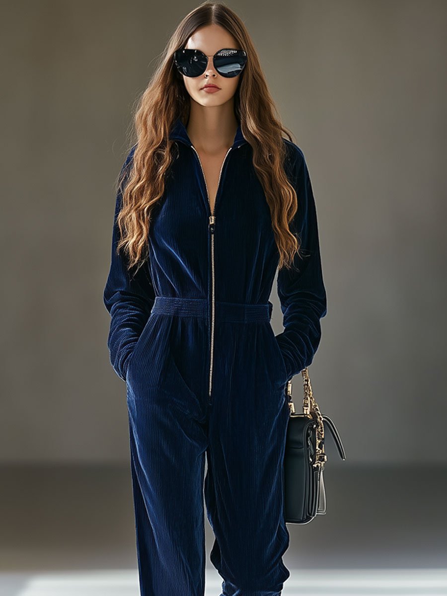 Casual Loose Vintage Corduroy Elastic Waist Zipper Jumpsuit - Eliza-Warszawa