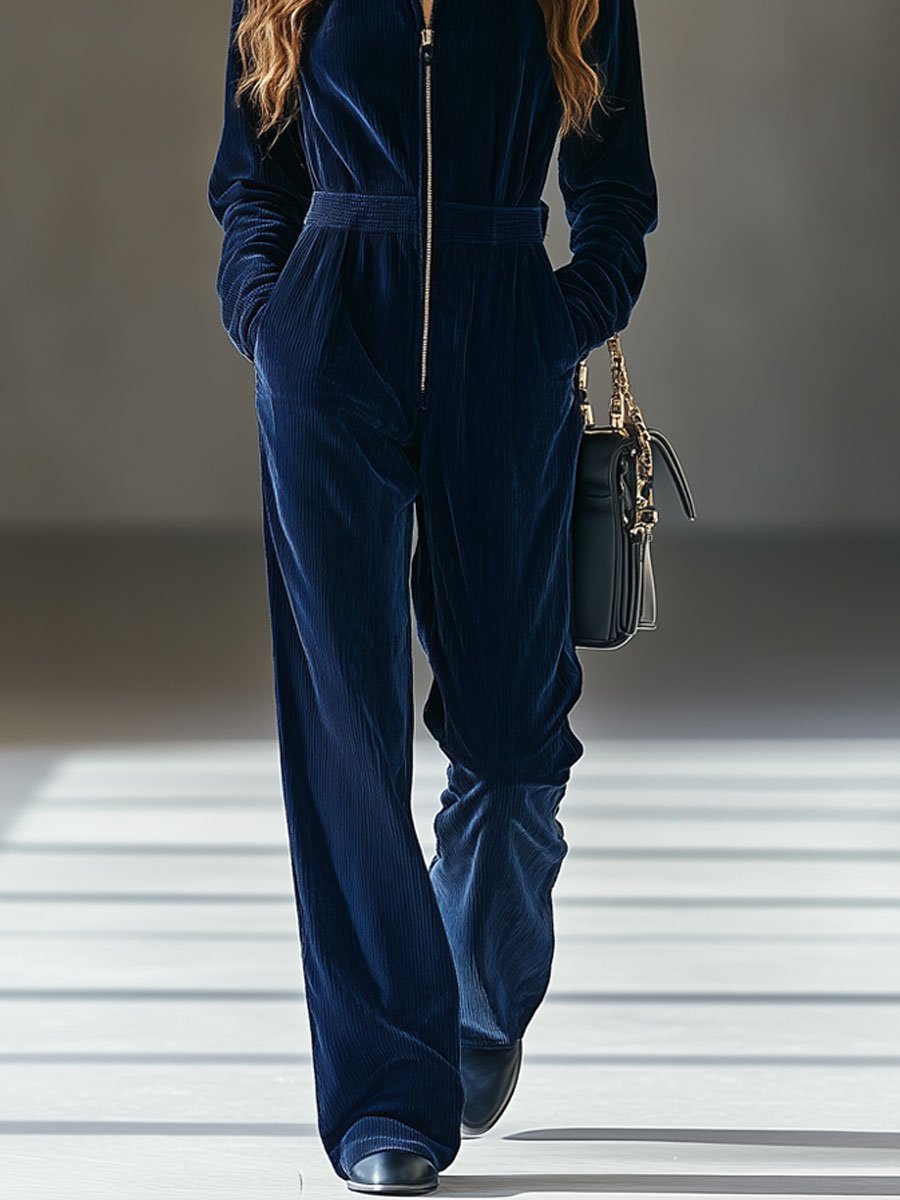 Casual Loose Vintage Corduroy Elastic Waist Zipper Jumpsuit - Eliza-Warszawa