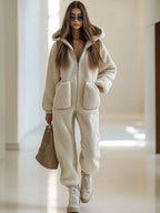 Casual Loose Vintage Polar Fleece Pocket Zipper Hooded Jumpsuit - Eliza-Warszawa