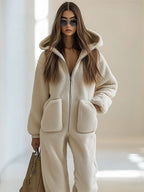 Casual Loose Vintage Polar Fleece Pocket Zipper Hooded Jumpsuit - Eliza-Warszawa