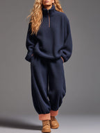 Casual Navy Blue Polar Fleece Half-zip Sweatshirt Pants Sports Set - Eliza-Warszawa