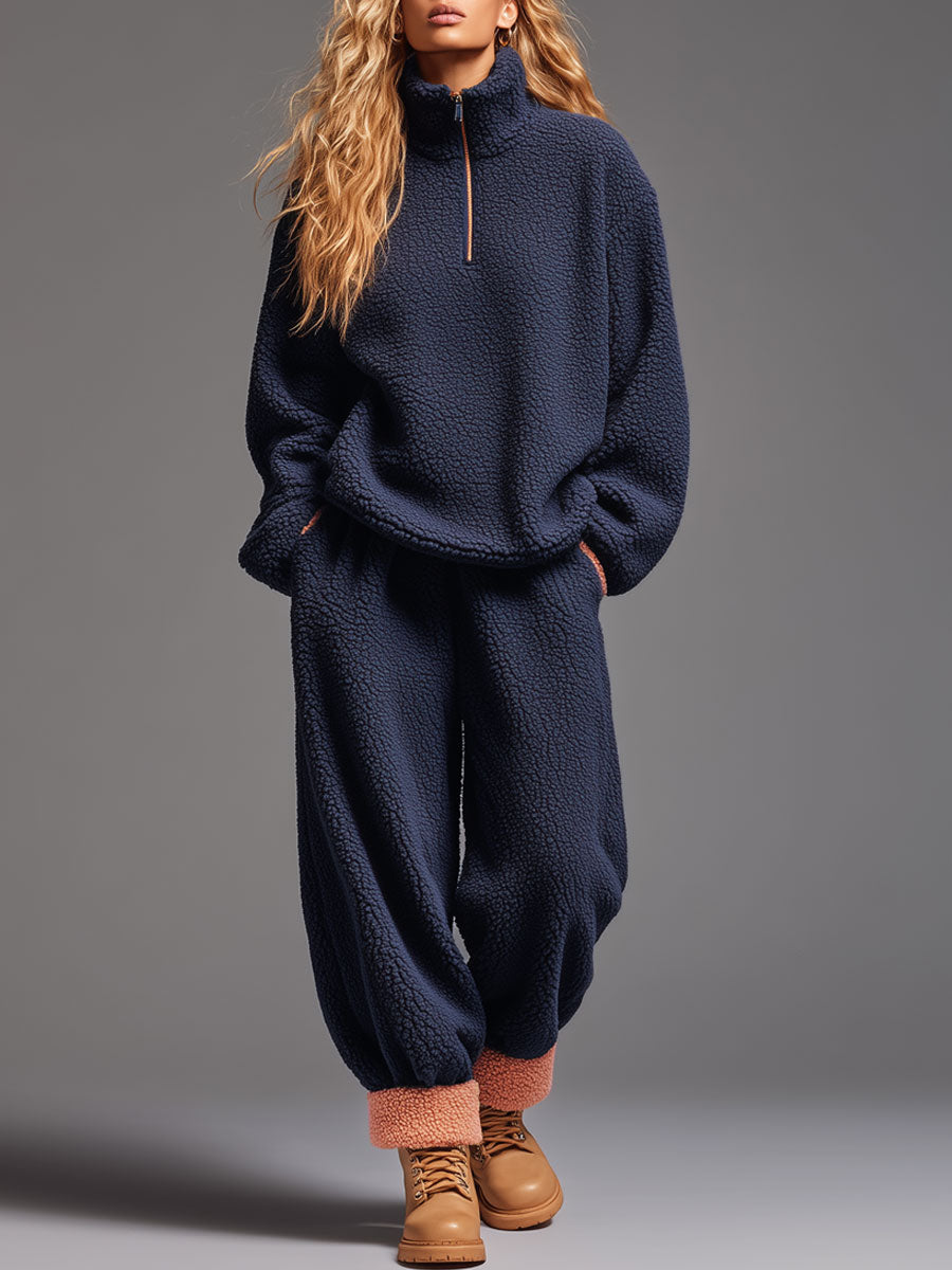 Casual Navy Blue Polar Fleece Half-zip Sweatshirt Pants Sports Set - Eliza-Warszawa