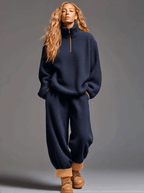 Casual Navy Blue Polar Fleece Half-zip Sweatshirt Pants Sports Set - Eliza-Warszawa