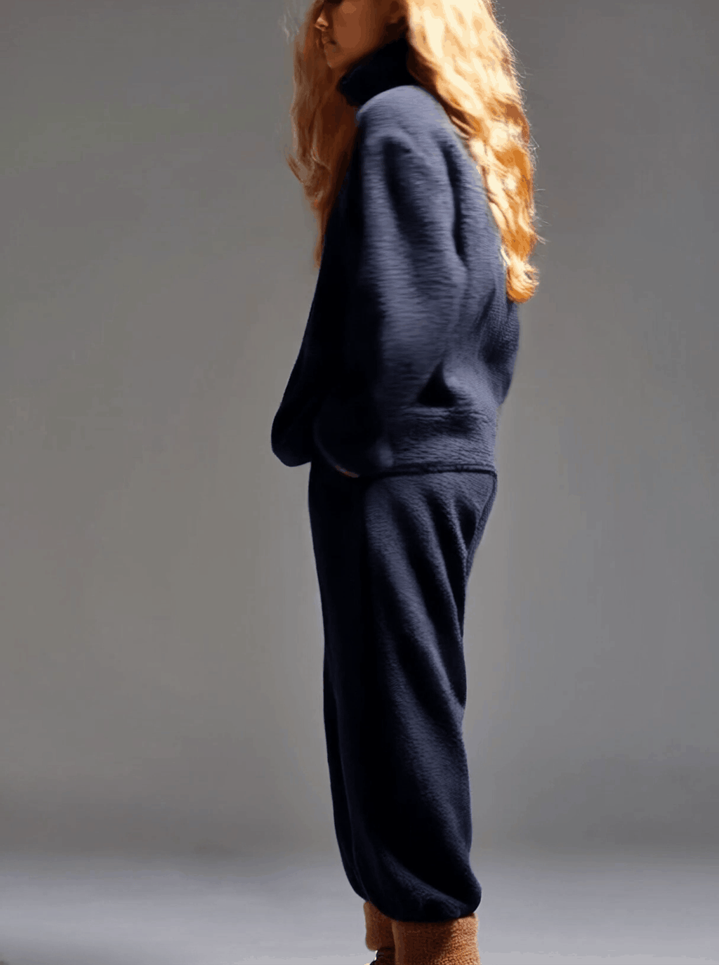 Casual Navy Blue Polar Fleece Half-zip Sweatshirt Pants Sports Set - Eliza-Warszawa