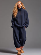 Casual Navy Blue Polar Fleece Half-zip Sweatshirt Pants Sports Set - Eliza-Warszawa