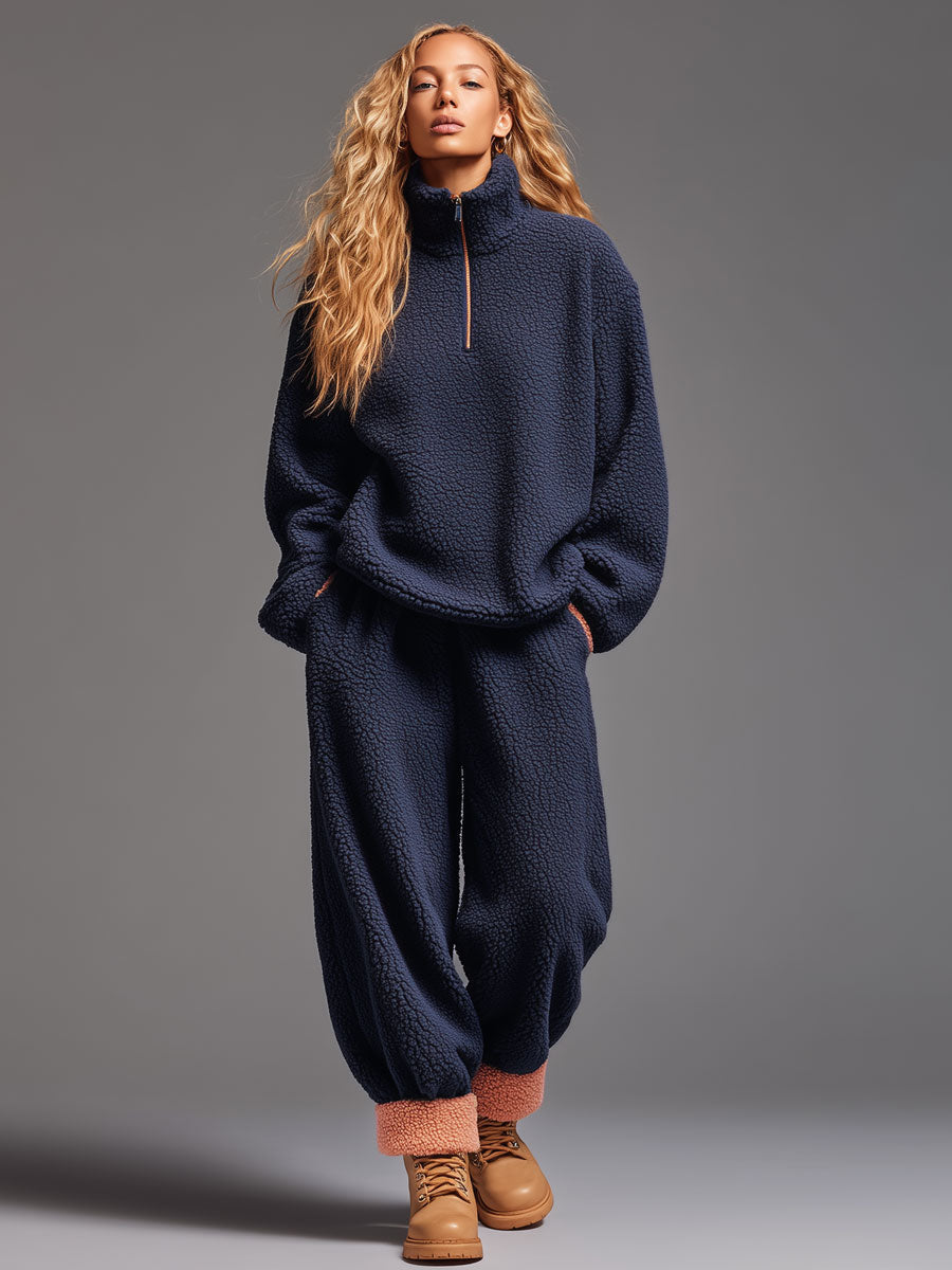 Casual Navy Blue Polar Fleece Half-zip Sweatshirt Pants Sports Set - Eliza-Warszawa