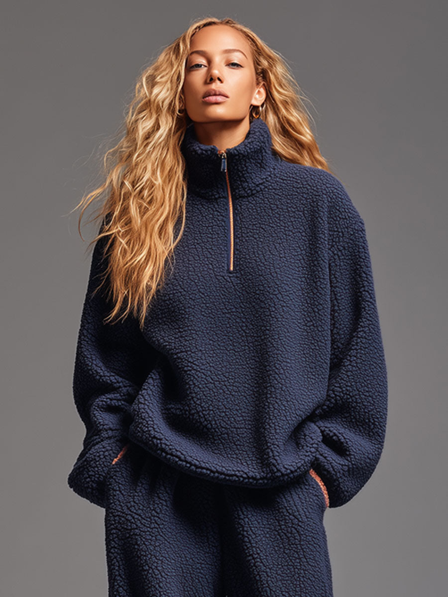 Casual Navy Blue Polar Fleece Half-zip Sweatshirt Pants Sports Set - Eliza-Warszawa