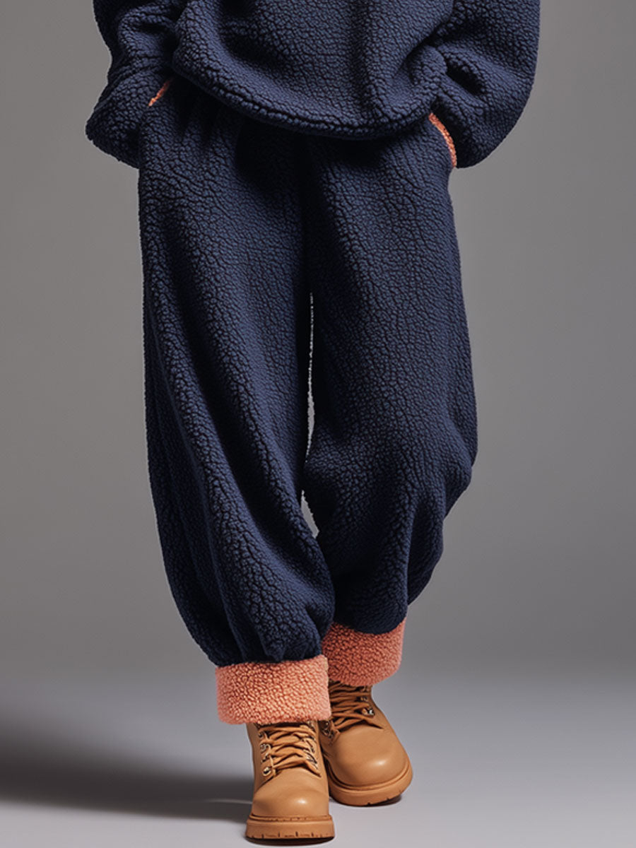 Casual Navy Blue Polar Fleece Half-zip Sweatshirt Pants Sports Set - Eliza-Warszawa