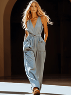 Casual Retro Gray-blue Tencel Denim Pocket Overalls - Eliza-Warszawa