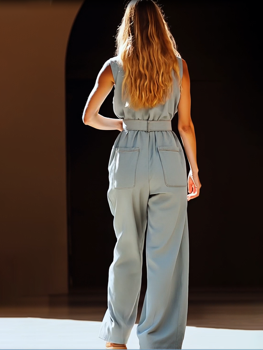 Casual Retro Gray-blue Tencel Denim Pocket Overalls - Eliza-Warszawa