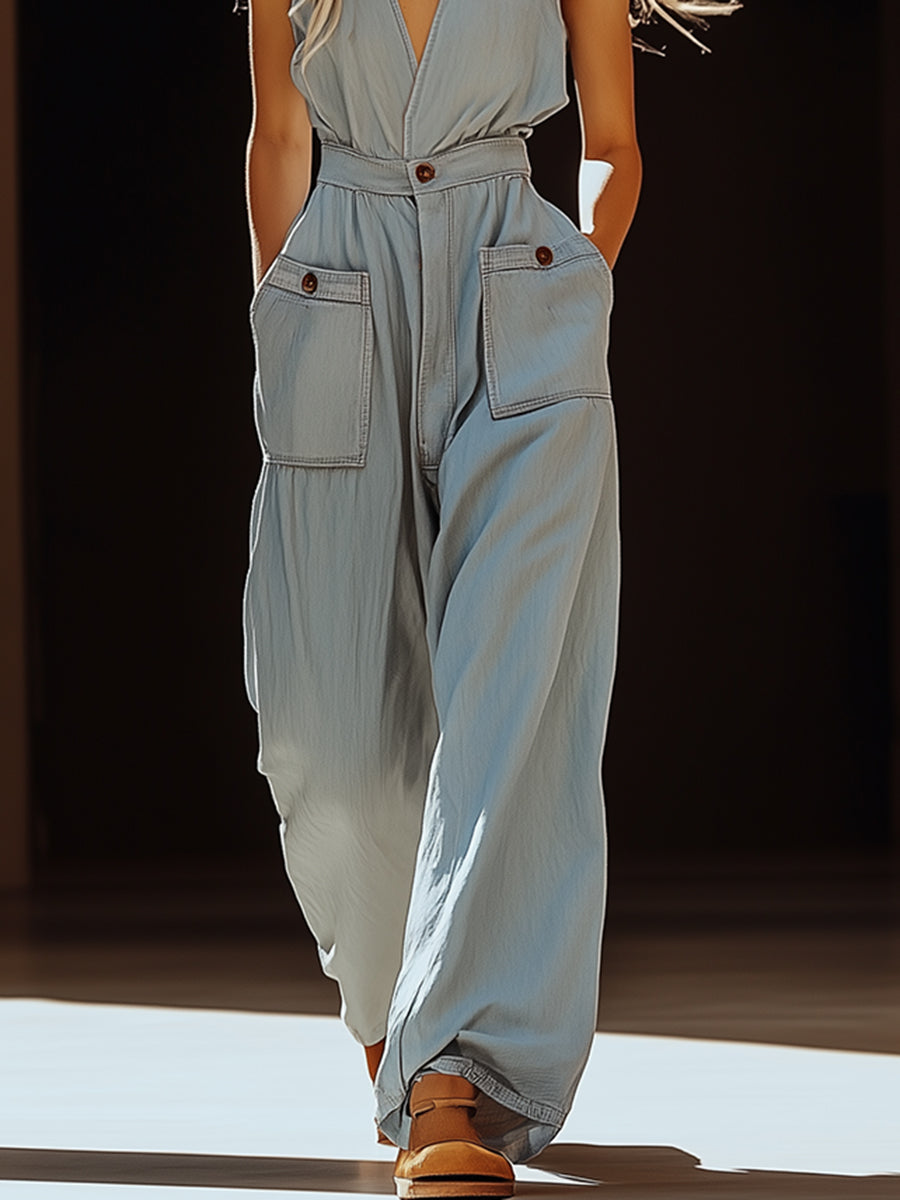 Casual Retro Gray-blue Tencel Denim Pocket Overalls