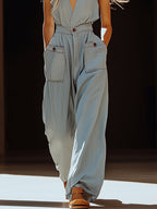 Casual Retro Gray-blue Tencel Denim Pocket Overalls - Eliza-Warszawa
