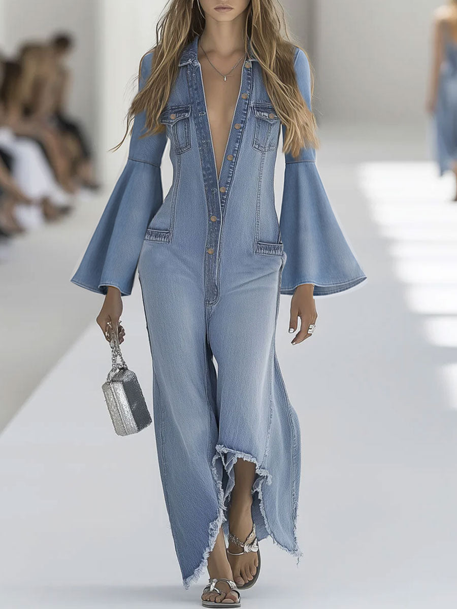 Casual Retro Light Blue Denim Flared Long-Sleeved Wide-Leg Raw Edge Jumpsuit - Eliza-Warszawa